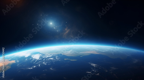 Surface of planet Earth with oceans in deep space with galaxies of stars in the background. close-up. Wallpaper from dark space. Satellite view of the earth and space. © Tetiana