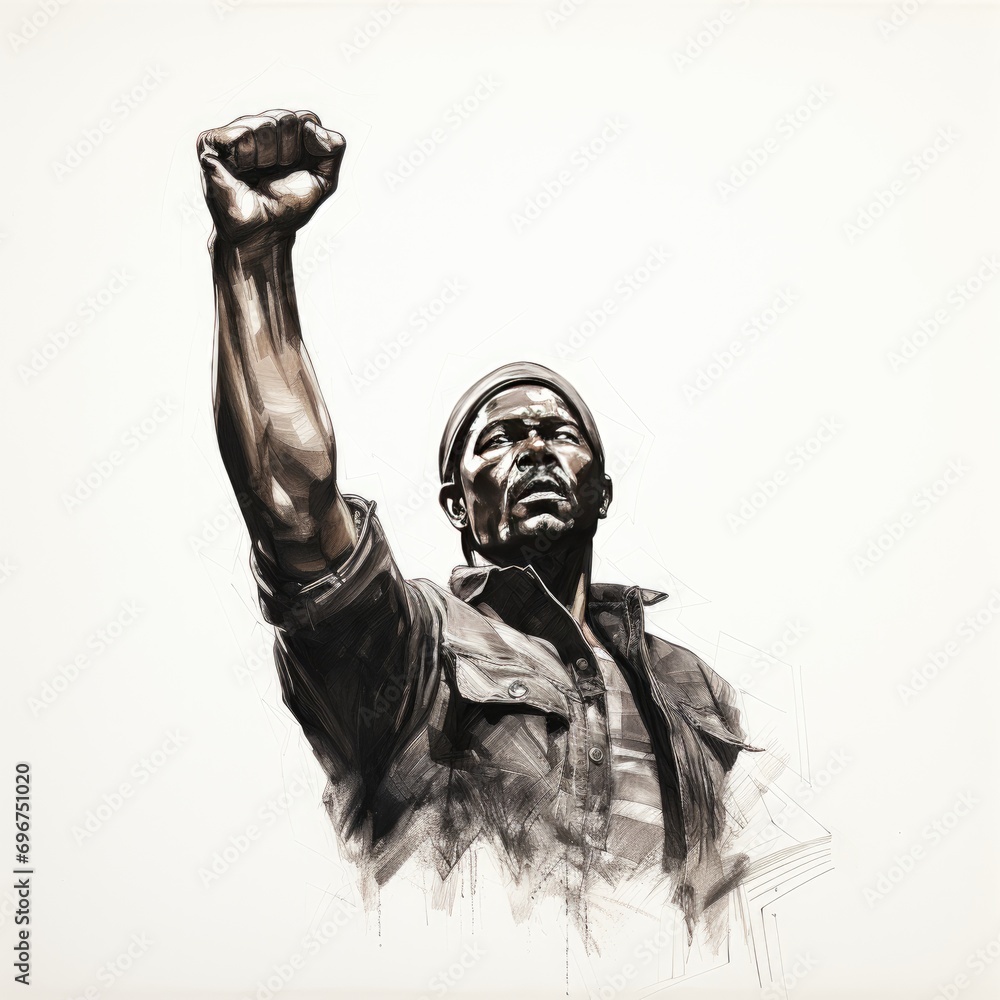 Fototapeta premium black man fist raised hand high in triumph, watercolor on a white backdrop