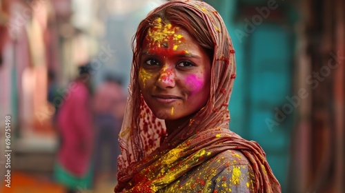 Holi day. Colored girl laughing at Holi festival. Holiday and recreation concept © ColdFire