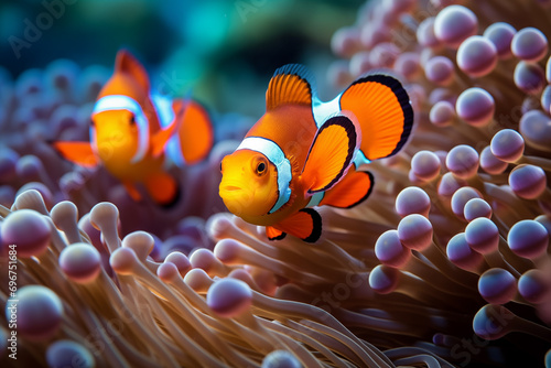 Various species of clownfish in their characteristic anemone community