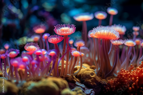 an underwater landscape dominated by various sea anemones