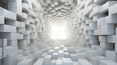 A mosaic of many white cubes in perspective in the form of a tunnel stretching to infinity.
