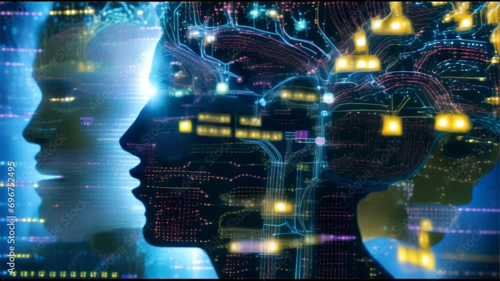 An image of a human face profile with a backdrop of digital circuitry and data flow. Glowing dots and lines symbolize the flow of information.
An image of a human face profile with a backdrop of digital circuitry and data flow. Glowing dots and lines symbolize the flow of information.