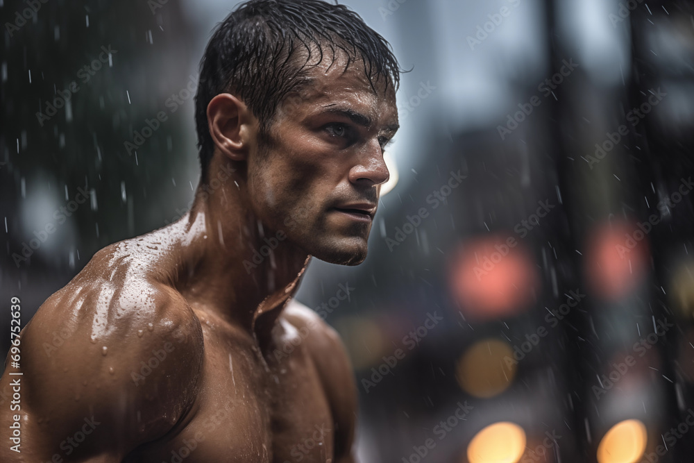 An athlete sweating profusely during an intense training session while exuding determination An athlete sweating profusely during an intense training session while exuding determination
