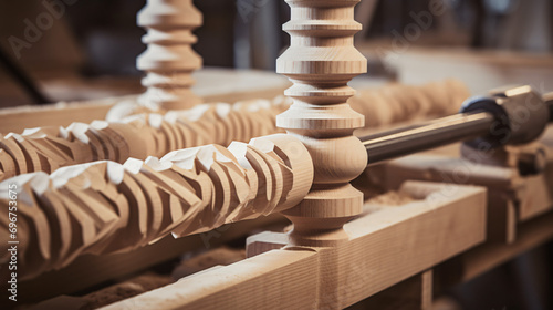 Billede på lærred Manufacturing wooden stair balusters using a lathe