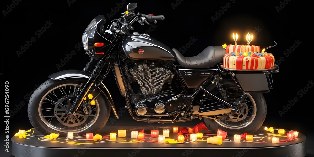 Motor Bike design Birthday cake with candles on it, celebration decorative lights, with copy space, attractive lights black background - obrazy, fototapety, plakaty 