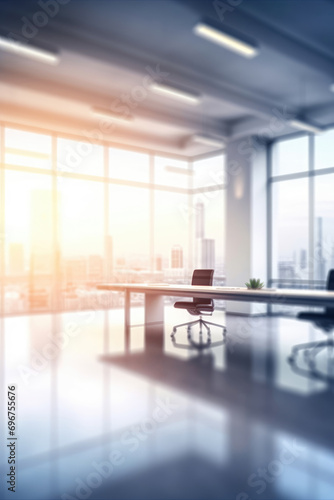 Blurred workplace with city view, office in the morning, interior for business presentation background