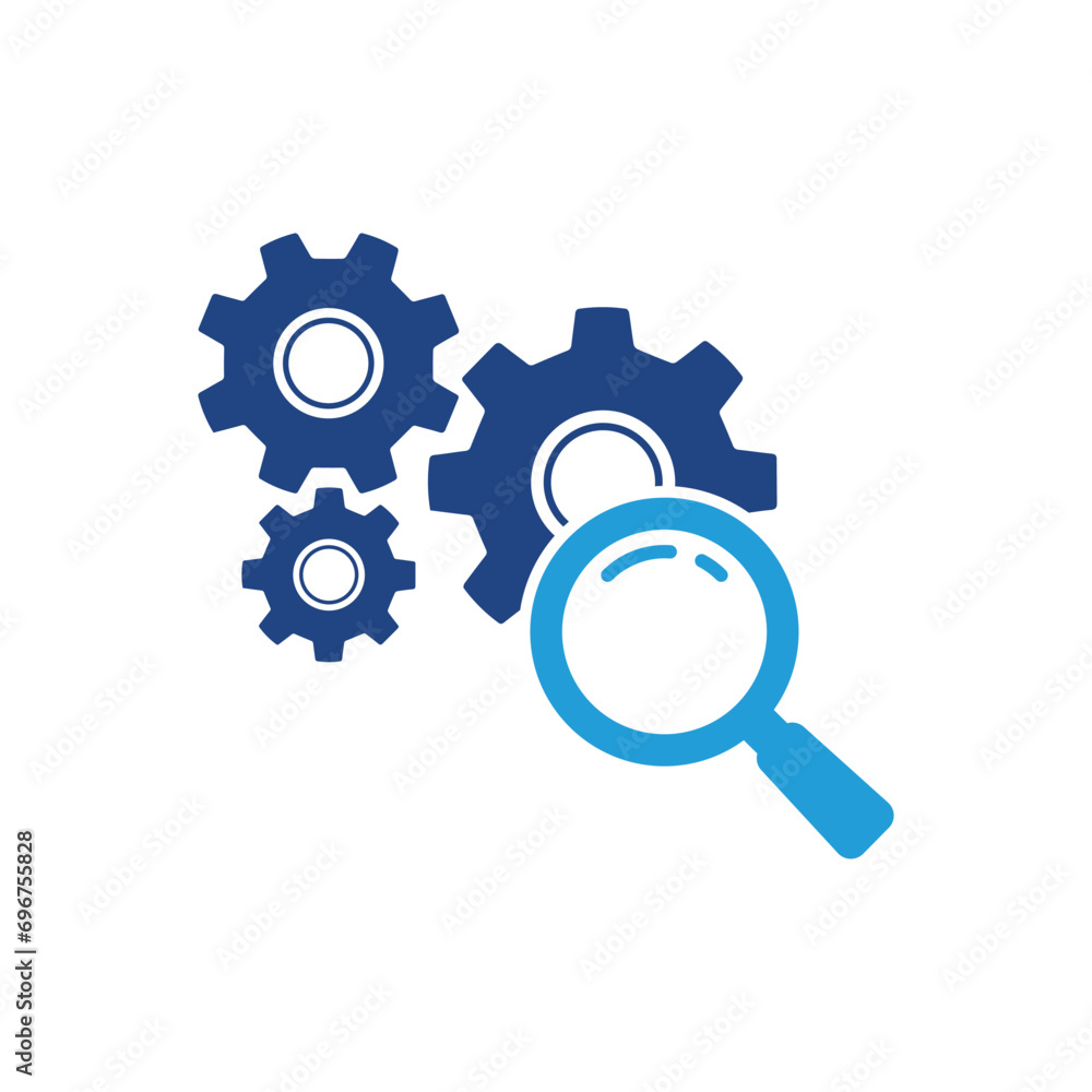 Loupe with Cogwheel Color Icon. Magnifying Glass with Gears. Service of Search and Control. Maintenance of Factory Mechanism. Isolated Vector Illustration. Loupe with Cogwheel Color Icon. Magnifying Glass with Gears. Service of Search and Control. Maintenance of Factory Mechanism. Isolated Vector Illustration.