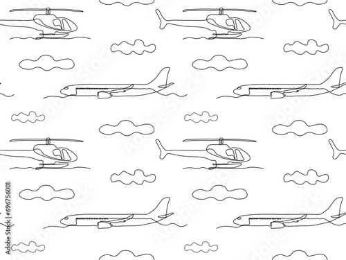 Black and white seamless pattern with airplanes and helicopters and clouds, continuous one line art hand drawing sketch