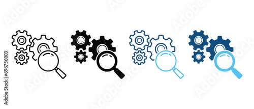 Search Service and Control Sign. Maintenance of Factory Mechanism Cogwheel Symbol Collection. Magnifying Glass with Gears Line and Silhouette Icon Set. Isolated Vector Illustration.