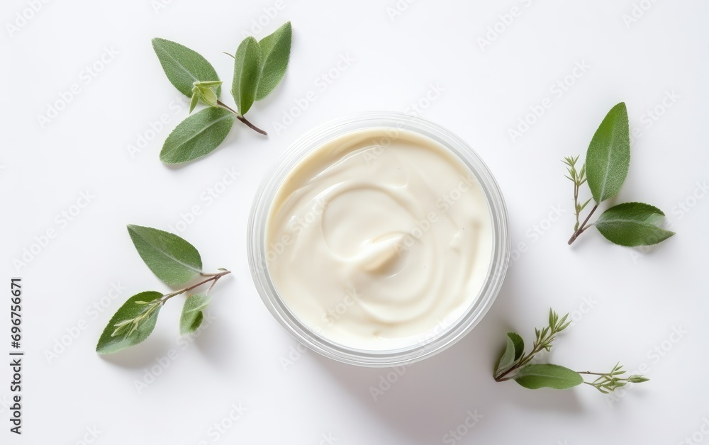 Natural face mask cream on a white table, flat lay shot Natural face mask cream on a white table, flat lay shot