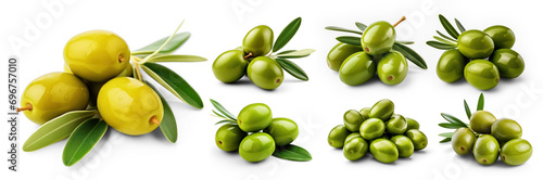 Collection of delicious green olives with leaves, isolated on transparency background, PNG
 photo