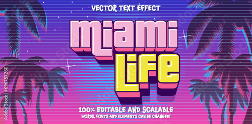 Outrun Synthwave style - 1990s retro aesthetic with palm trees and tropical sunset in pink and blue. Art deco font Retro geometric design