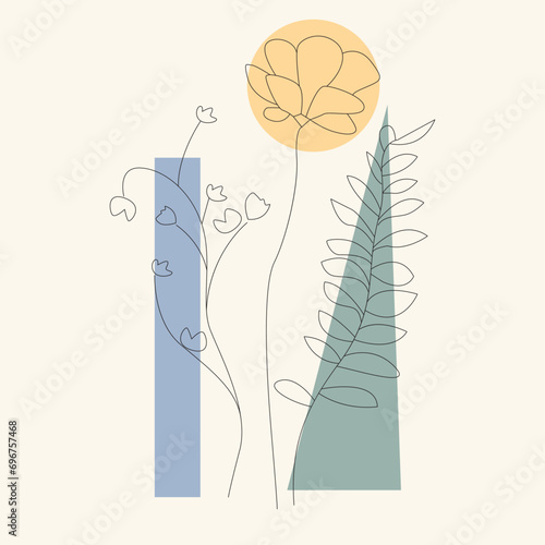 The abstract flower is drawn by hand in a continuous line. Minimalist style.