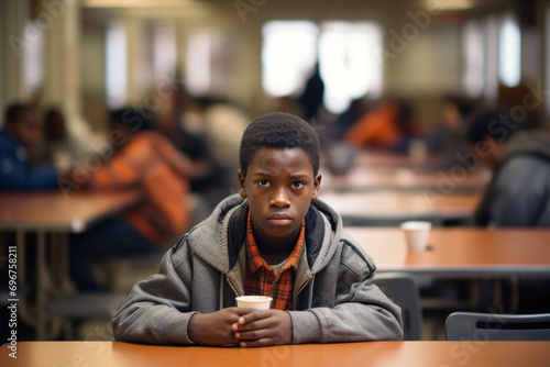 The pain and fear as a 12-year-old African American boy sits alone at a lunch table in the school cafeteria, surrounded by empty chairs