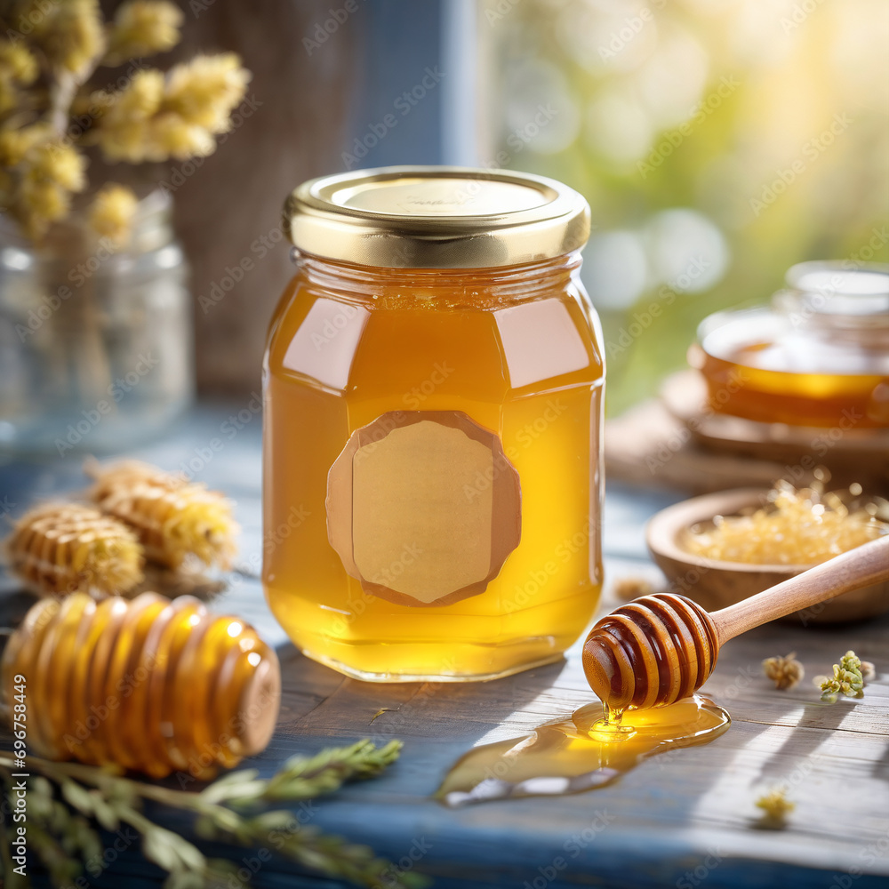 Capture the warm glow of a rustic honey jar in a cozy home setting, bathed in soft light by the window Capture the warm glow of a rustic honey jar in a cozy home setting, bathed in soft light by the window