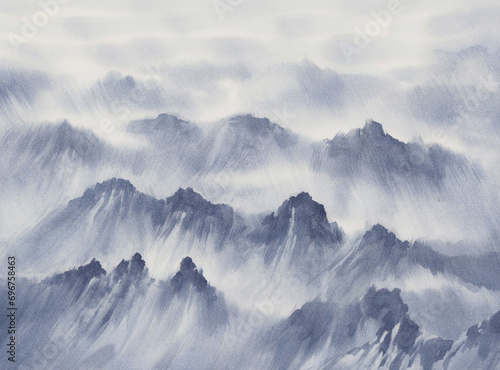Mountain panorama in the mist watercolor background © Egle