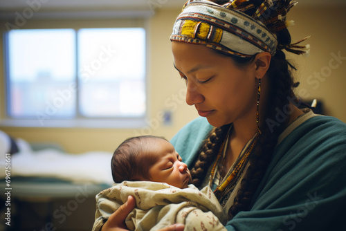 A touching photograph of a recently delivered young mother of Native American descent holding her cute newborn, encapsulating blissful and peaceful moments in the hospital's delivery room.