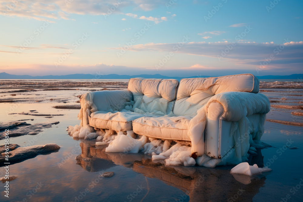 An empty old broken sofa on the beach with tide. Old broken