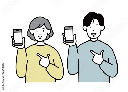 スマホを指差す男女のイラスト素材