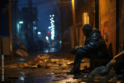 The unique challenges faced by a 43-year-old African American man during the nighttime  seeking shelter in a dimly lit alley  evoking the vulnerability and struggles of life on the streets