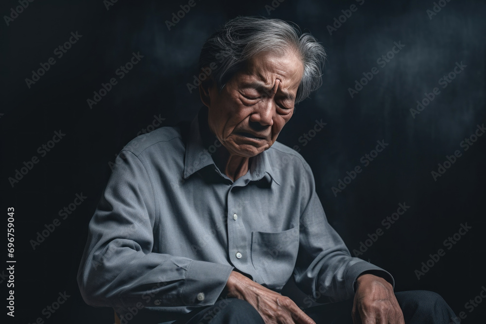 A heartfelt photograph portraying an elderly Asian man coping with heart-related pain, his hand on his chest area, reflecting the emotional toll A heartfelt photograph portraying an elderly Asian man coping with heart-related pain, his hand on his chest area, reflecting the emotional toll