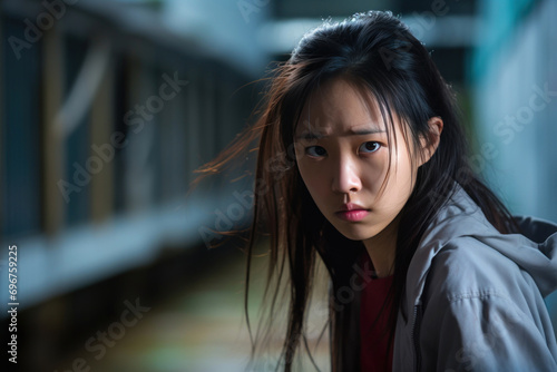 The distress of a 12-year-old Asian girl, fear evident on her face, as she runs away from bullies in the schoolyard, capturing the isolating and emotional impact of the bullying incident