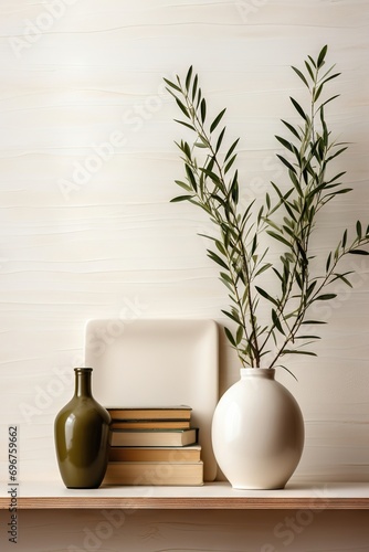 Textured vase with olive tree branches on a wooden shelf. Monotone wall background with copy space  blank  frame. Mediterranean interior inspiration.