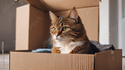 Grey striped cat in mail box. delivery of food and animals by couriers,