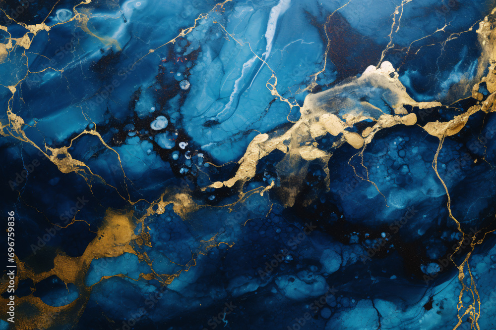 Fototapeta premium Blue marble texture background with golden elements
