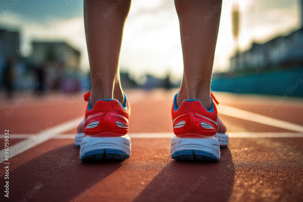 
Runner's legs in specialized running shoes stand on the starting line, ready for a running competition. Man, 25 years old, Latino ethnicity.