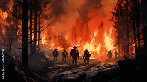 Firemen fighting a raging forest fire