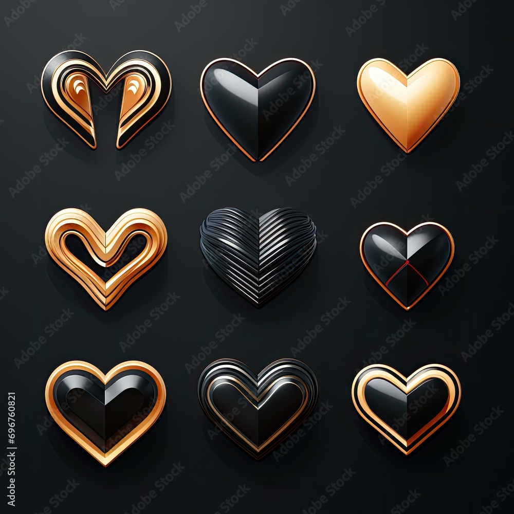 Set of bright 3D heart icons isolated on a black background. Heart design. Set of love hearts icons. Symbol of love. Happy Wedding Day, Valentine's Day, Happy Birthday, Women's Day. Generative ai Set of bright 3D heart icons isolated on a black background. Heart design. Set of love hearts icons. Symbol of love. Happy Wedding Day, Valentine's Day, Happy Birthday, Women's Day. Generative ai