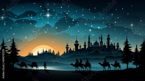 Three wise men from the East rode camels across the desert one night following the star of Bethlehem photo