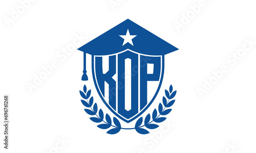 KOP three letter iconic academic logo design vector template. monogram, abstract, school, college, university, graduation cap symbol logo, shield, model, institute, educational, coaching canter, tech	