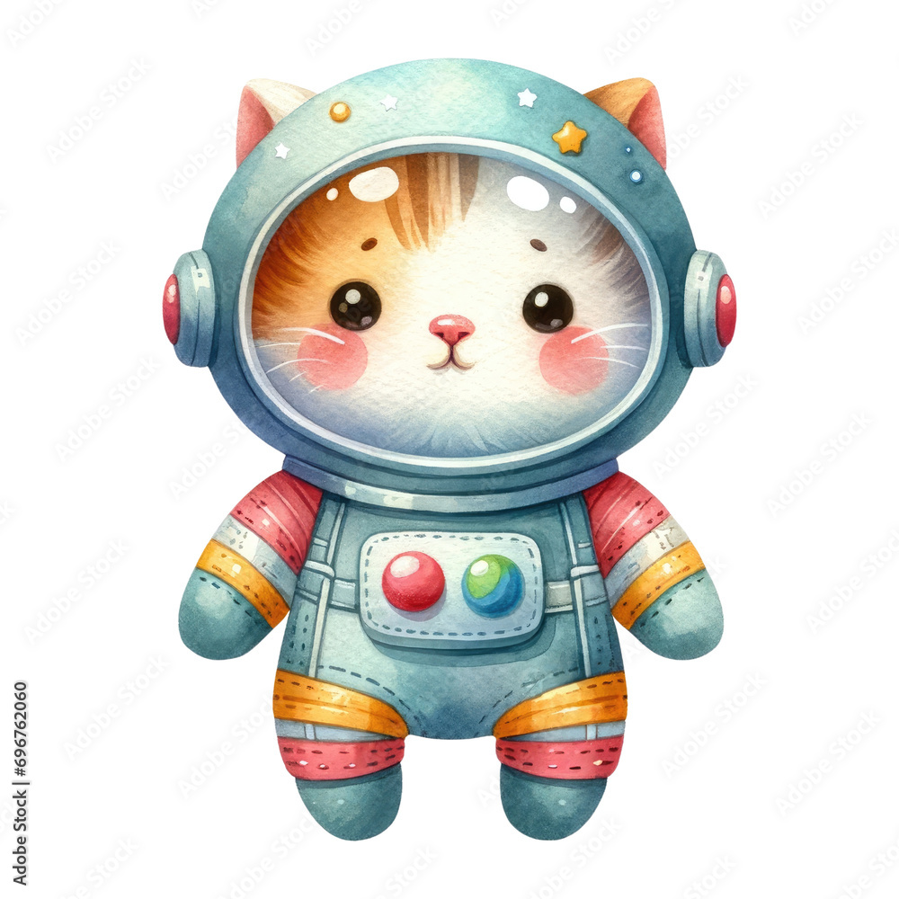 Fototapeta premium Watercolor Cute Space Object. Cat with an Astronaut Suit Clipart. Solar System Element. Watercolor Galaxy Element Illustration.