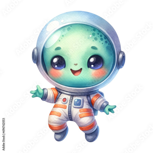 Watercolor Cute Space Object. Alien with an Astronaut Suit Clipart. Solar System Element. Watercolor Galaxy Element Illustration.