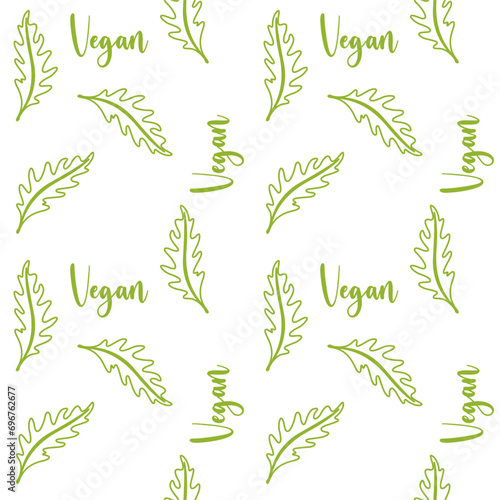 Vegan pattern vegetables green arugula and lettering Vegan. For packaging, on white backgrounds. Vector illustration