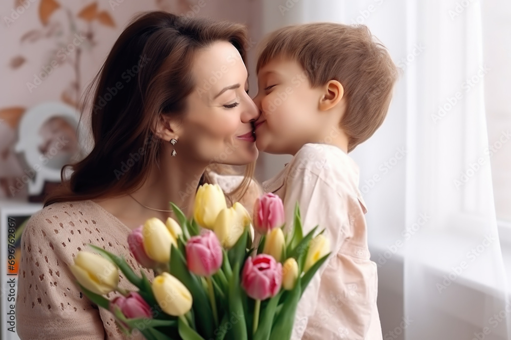 Happy mother's day! Cute little boy kissing his mother and giving her flowers Happy mother's day! Cute little boy kissing his mother and giving her flowers