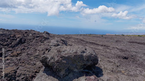 Low-angle view of the surface of the volcanic crater from Kilauea Iki Volcano crater hike at Volcanoes National Park in Big Island Hawaii