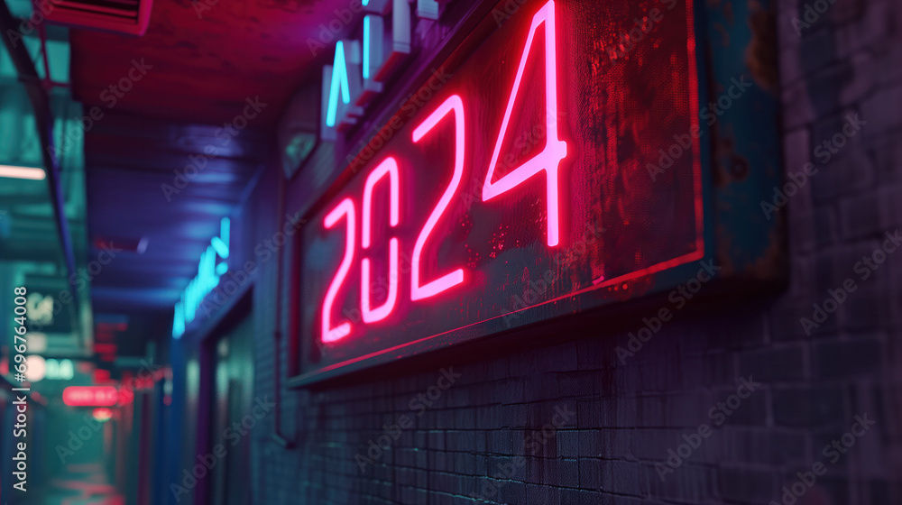 2024 neon new years sign on wall, gritty and grungy style with cyberpunk neon colours on sign 2024 neon new years sign on wall, gritty and grungy style with cyberpunk neon colours on sign