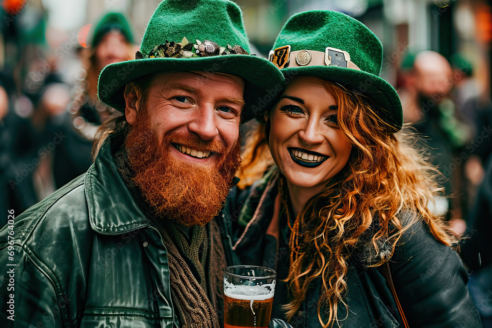 Couple drinking beer on the street on Saint Patrick's Day Couple drinking beer on the street on Saint Patrick's Day