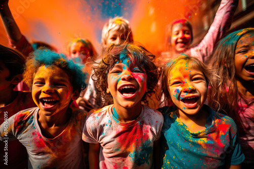 Group of excited children celebrating a holi party