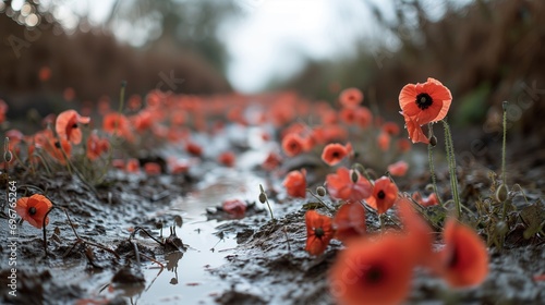row of poppies growing on an old muddy ww2 battlefield photo