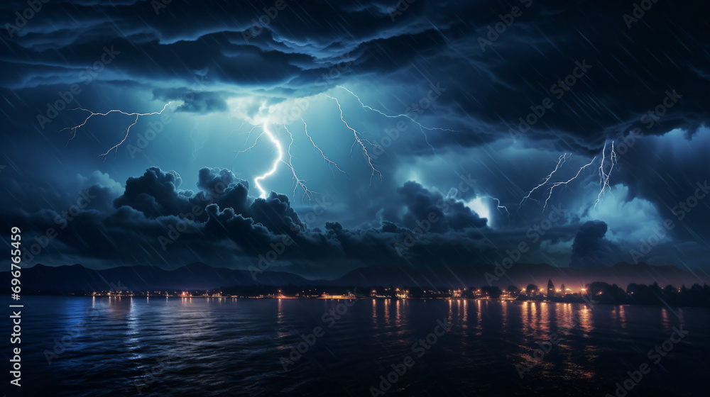 Powerful lightning storm and dark sky