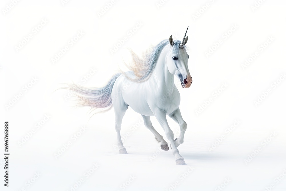 A white unicorn with a pink mane running against a white background. A white unicorn with a pink mane running against a white background.