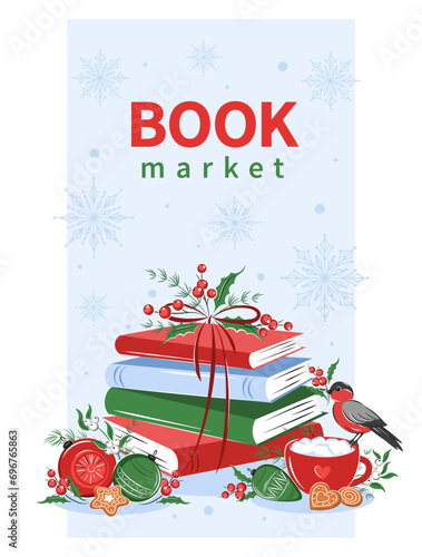 Book market. Books with winter holiday decor. Layout design for bookstore or library. Vector illustration