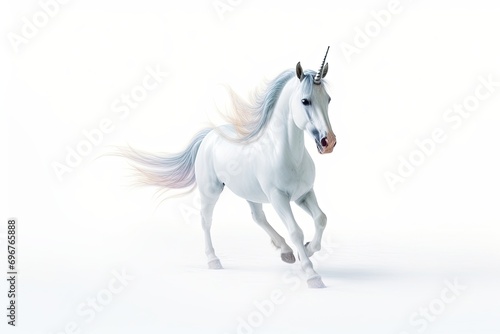A white unicorn with a pink mane running against a white background.