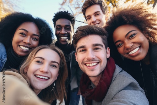 A diverse group of friends taking a cheerful selfie outdoors, capturing moments of happiness and togetherness.