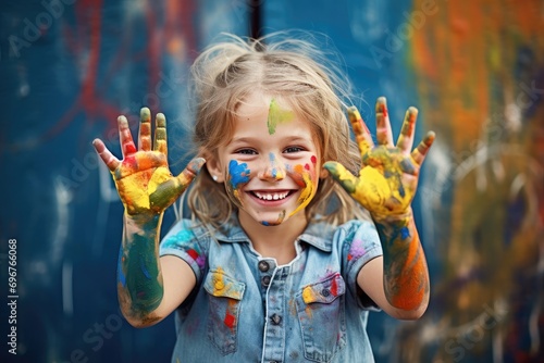 A cute, messy-haired child joyfully finger-painting with vibrant colors in an artistic portrait.